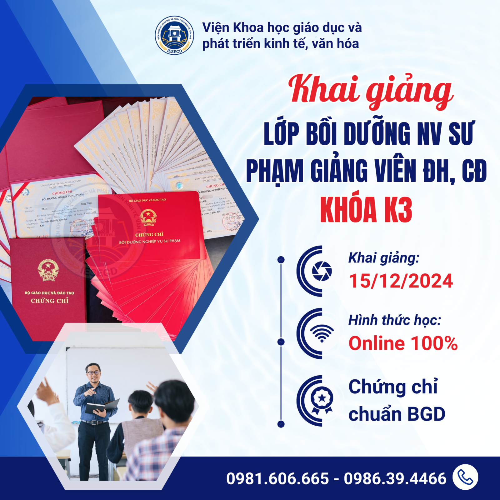 Tuyển sinh lớp Bồi dưỡng nghiệp vụ sư phạm cho giảng viên đại học, cao đẳng K3