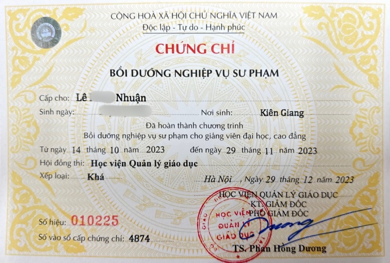 Chứng chỉ Bồi dưỡng nghiệp vụ sư phạm cho giảng viên đại học, cao đẳng