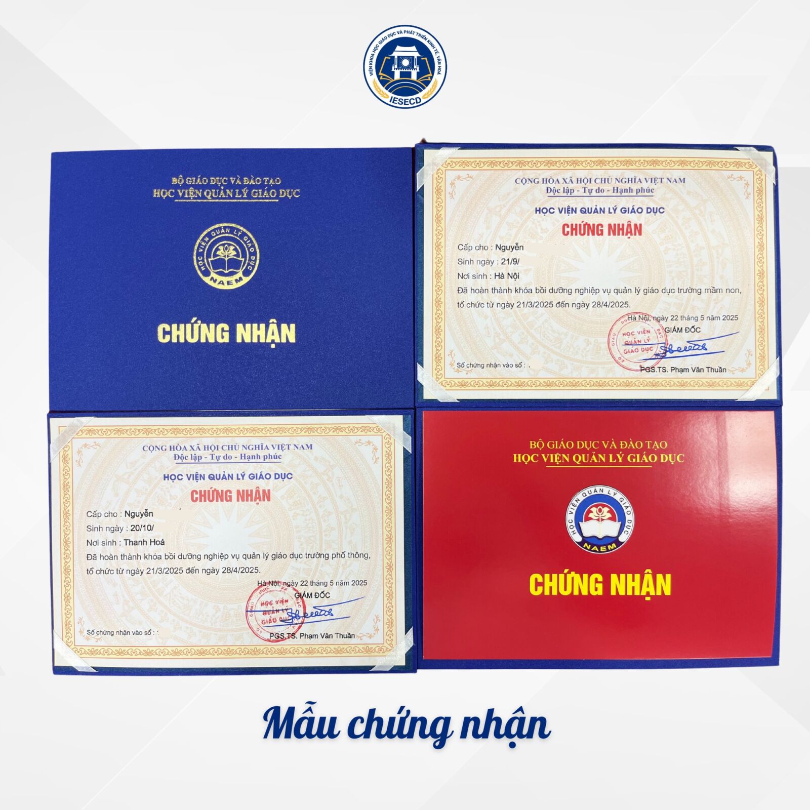 Chứng nhận hoàn thành khóa học Bồi dưỡng nghiệp vụ Quản lý giáo dục