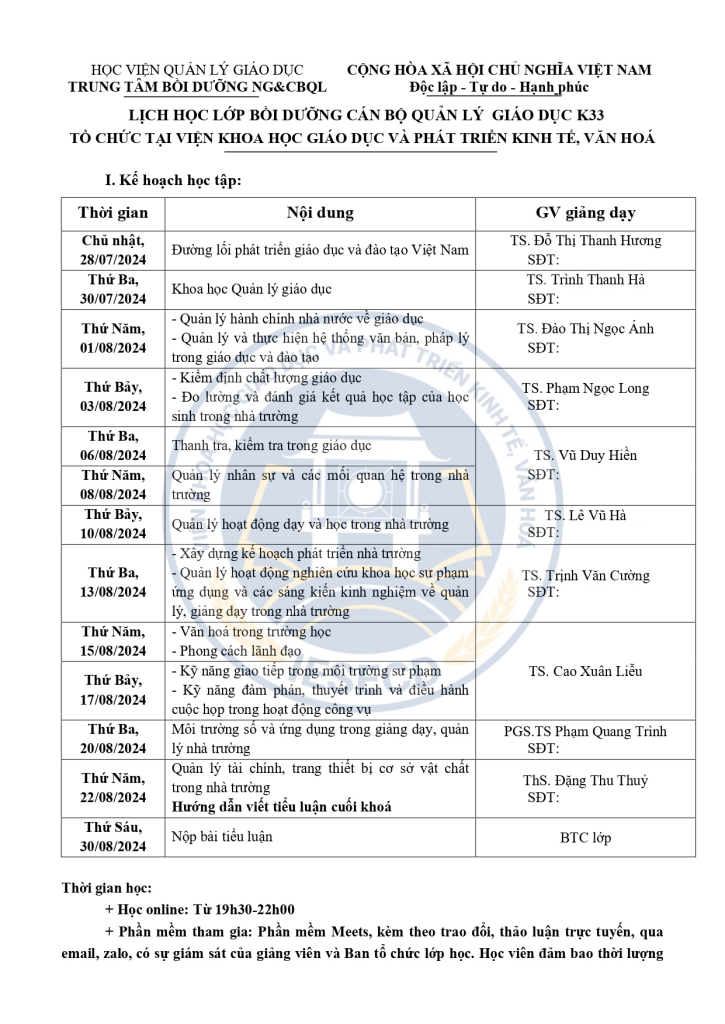 Lịch học lớp bồi dưỡng nghiệp vụ Quản lý giáo dục