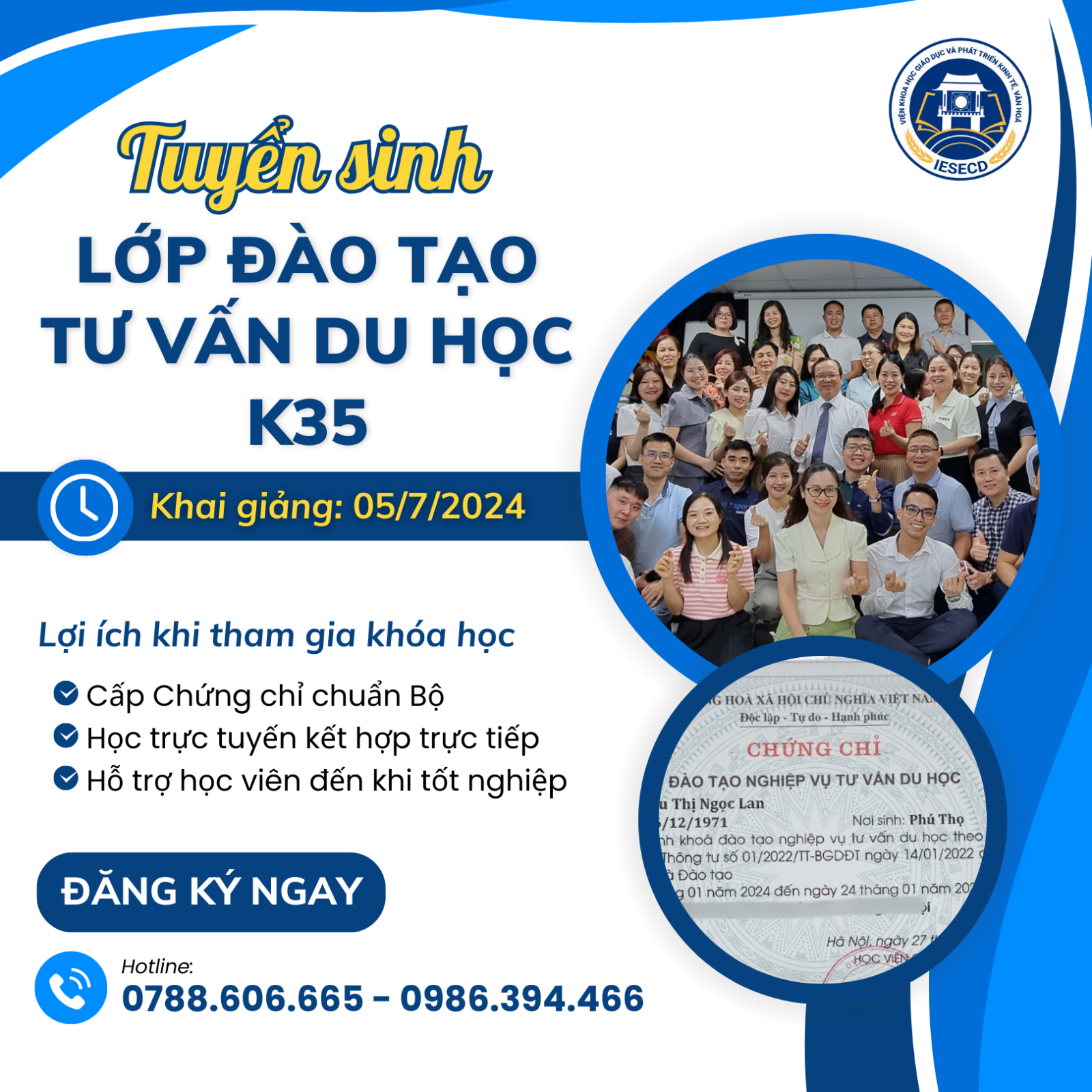 Tuyển sinh lớp Đào tạo nghiệp vụ Tư vấn du học K35